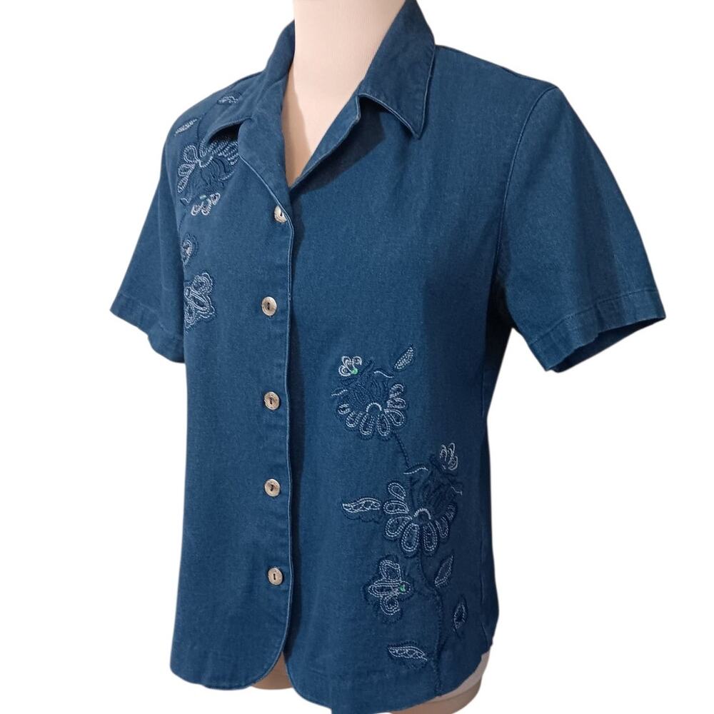 VINTAGE ALFRED DUNNER Stretch‎ Denim Jean Top Shirt Blouse 8 Floral Embroidery